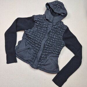 Newport News Women's Long Knit Sleeve Puffer Hooded Jacket Sz L Black VTG Y2K